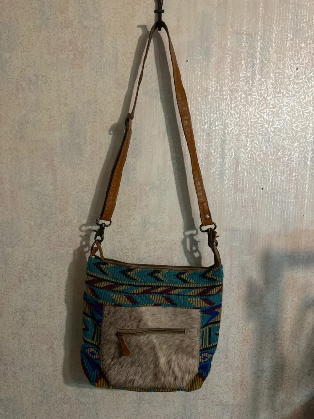 Myra Bag Turquoise Patterned Shoulder Bag with Gray Fur Pocket 14 in x 12 in
